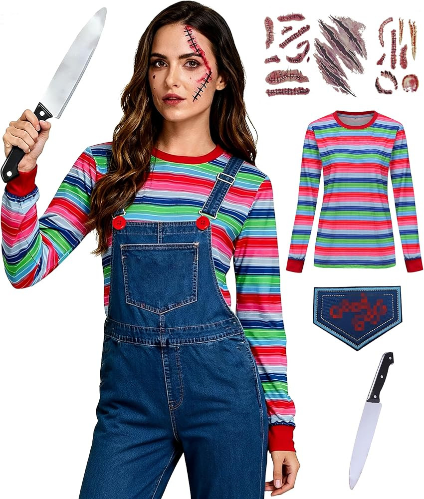 Halloween Costume for Women Casual Long Sleeve Shirt Tops Horror Rainbow Striped Tee | Amazon (US)