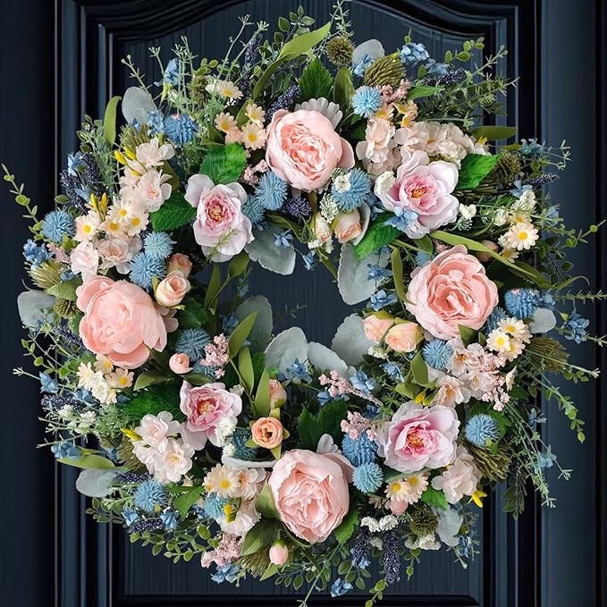 Pink Peony Front Door Wreath 24-inch Spring Flower Blue Wreath Indoor Outdoor Front Door Hallway ... | Amazon (US)