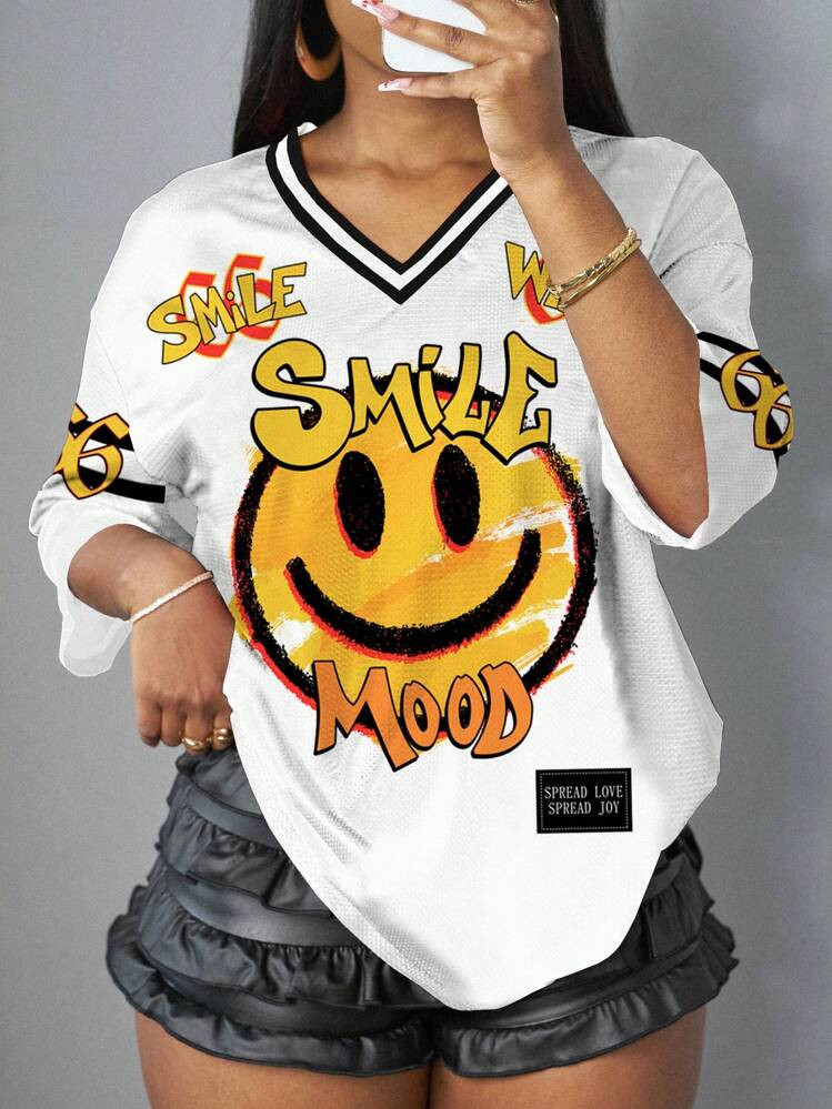 Slaydiva 2025 Spring/Summer Women's Casual Minimalist "Smile Mood" Chalk Graffiti Smiling Face Pr... | SHEIN