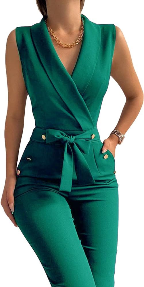Uni Clau Women's Elegant Jumpsuits V Neck Sleeveless Straight Belted Long Pants Business Suits Se... | Amazon (US)