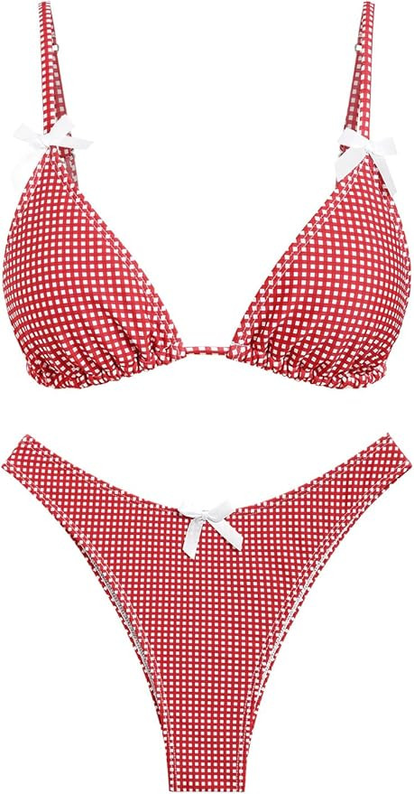 seamoly Women's Bikini Sets Tie Back Bowknot Two Piece Swimsuits Triangle Thong Bathing Suit Ging... | Amazon (US)