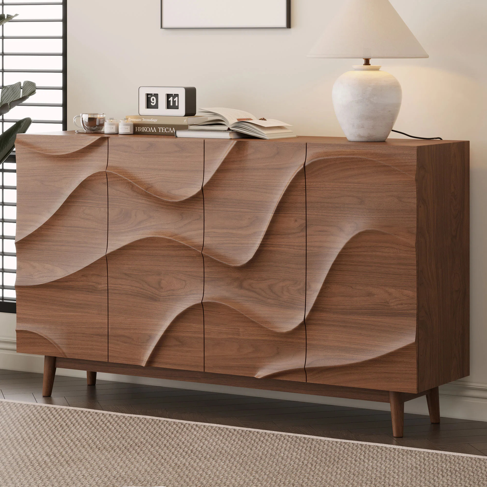 59" Mid-Century Modern Sideboard with Solid Wood Legs, Buffet Cabinet with Sculptural Walnut Wave... | Wayfair North America