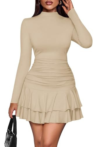 PRETTYGARDEN Womens Spring Long Sleeve Dresses 2026 Mock Neck Ruched Y2K Clothes Ruffle Layered Bodycon Mini Party Dress(Beige,Medium) | Amazon (US)