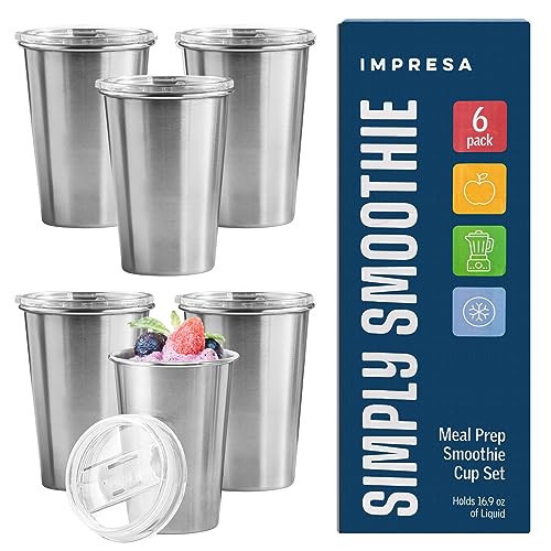 IMPRESA 6-Pack Stainless Steel Meal Prep Cups, Freezable Juice & Smoothie Jars with Lids, Convenient Smoothie Containers to Go, Stainless Meal Prep Bottle, Juice Containers with Lids, 16.9oz | Amazon (US)