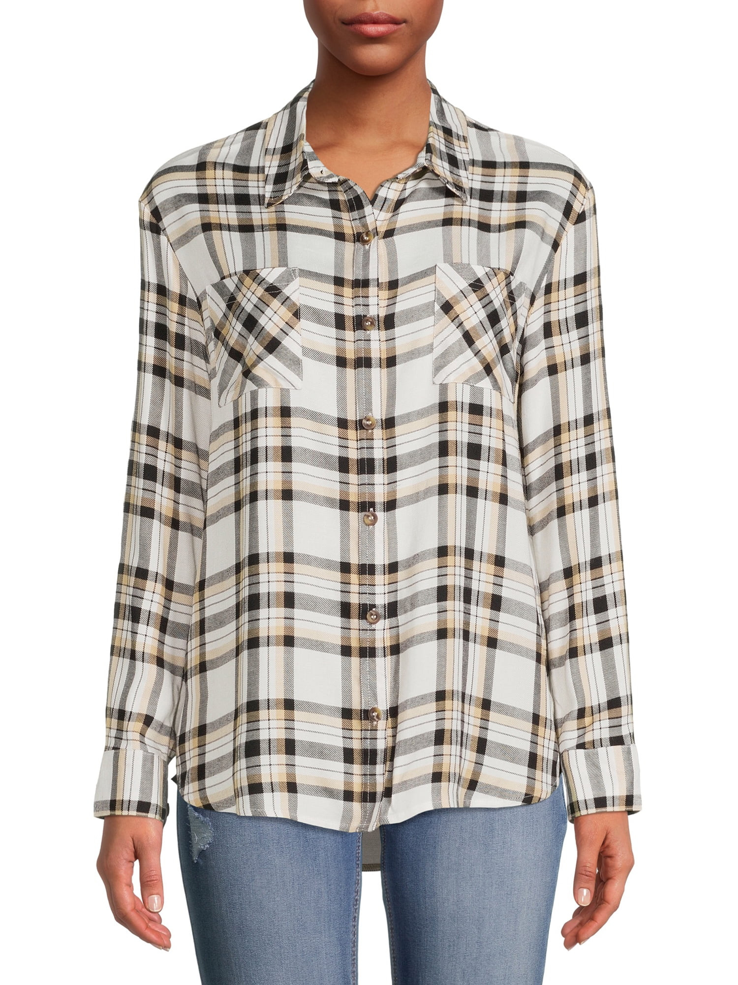 No Boundaries Juniors' Button-Front Plaid Shirt - Walmart.com | Walmart (US)