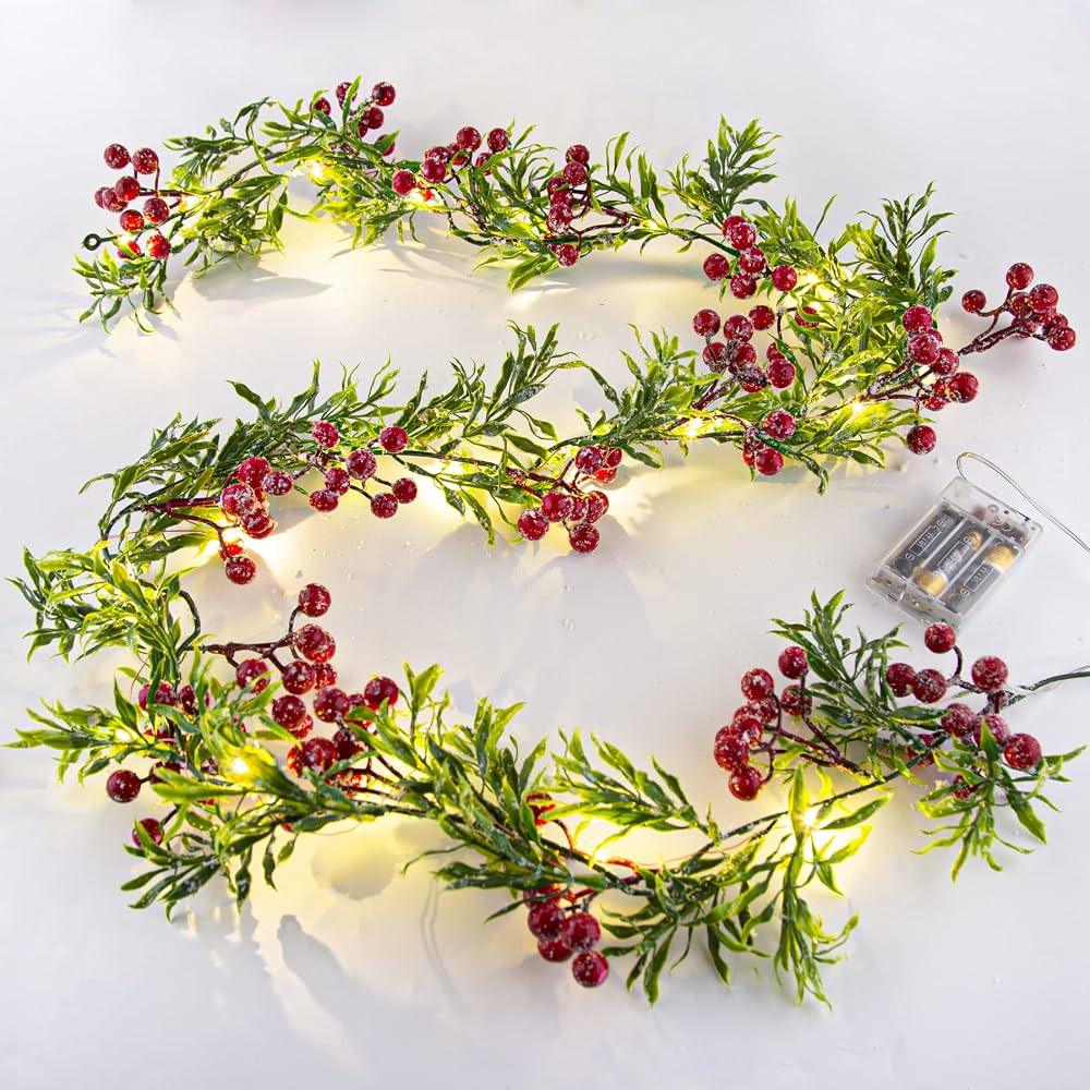 5.9FT Artificial Christmas Garland String Lights with 162 Snowy Red Berries 55 Green Leaves 20 LE... | Amazon (US)