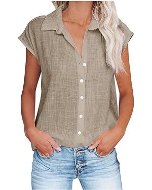 Summer Tops for Women 2024 Trendy Cotton Linen Button Down Shirts Dressy Cap Sleeve Collared Busi... | Amazon (US)