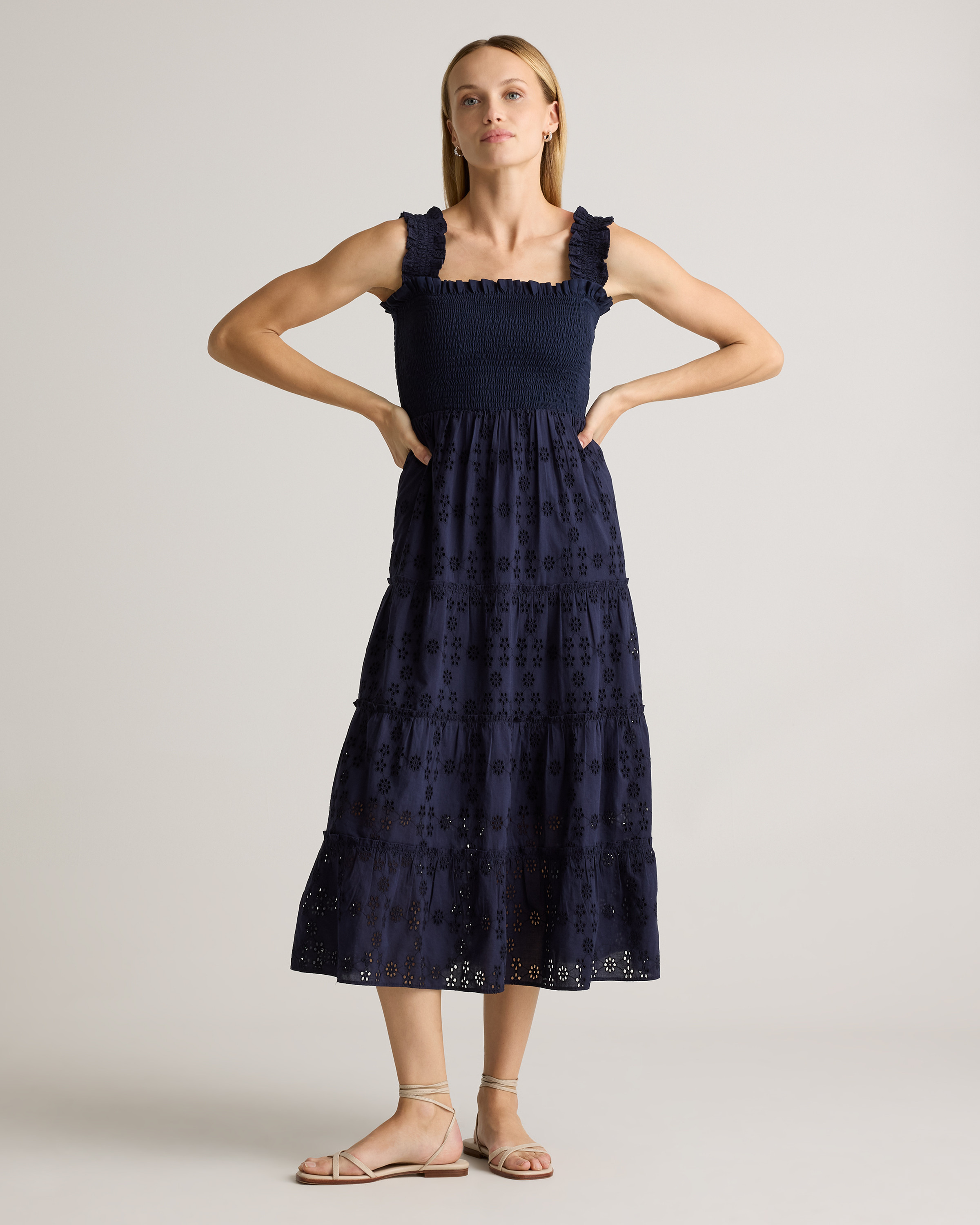 Quince | Women's Eyelet Smocked Midi Dress in Navy, Size Large, Organic Cotton | Quince
