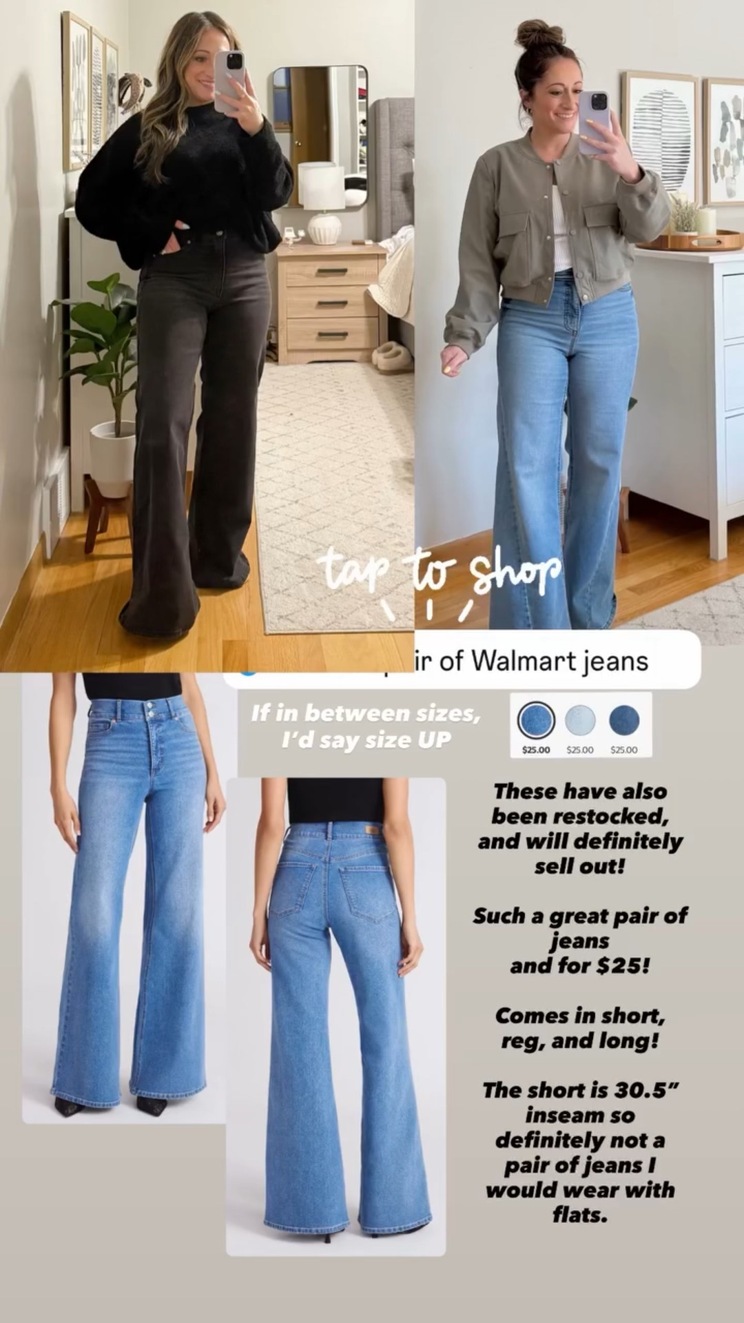 If in between sizes, I’d say size UP These have also been restocked, and will definitely sell out!

Such a great pair of jeans 
and for $25!

Comes in short, reg, and long!

The short is 30.5” inseam so definitely not a pair of jeans I would wear with flats.