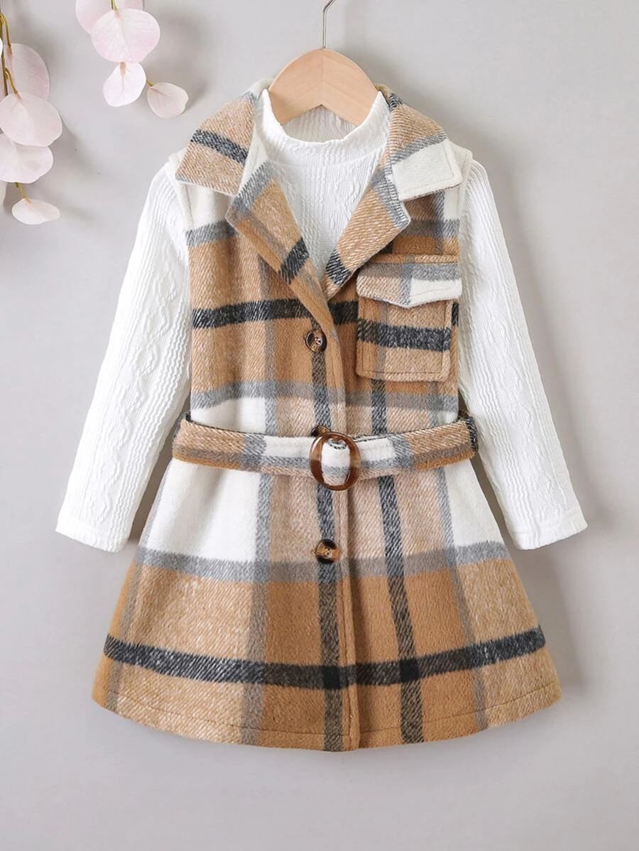 Toddler Girls Mock Neck Textured Tee & Plaid Belted Vest Coat
   
      SKU: sk2109180420406454
 ... | SHEIN