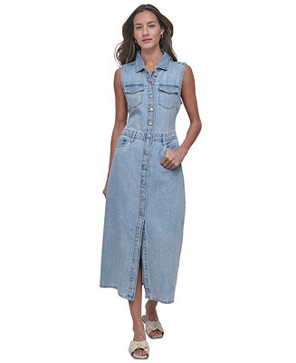 Women's Button-Front Sleeveless Midi Denim Dress | Macy's