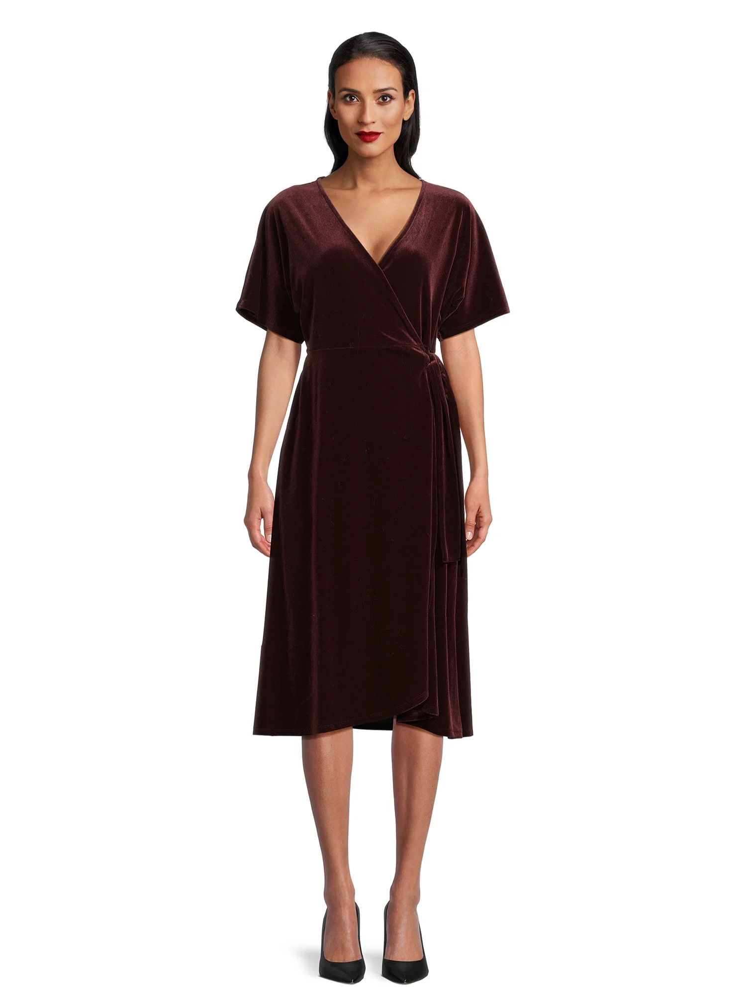 Time and Tru Women's Velvet Wrap Midi Dress with Short Sleeves, Sizes XS-XXXL - Walmart.com | Walmart (US)