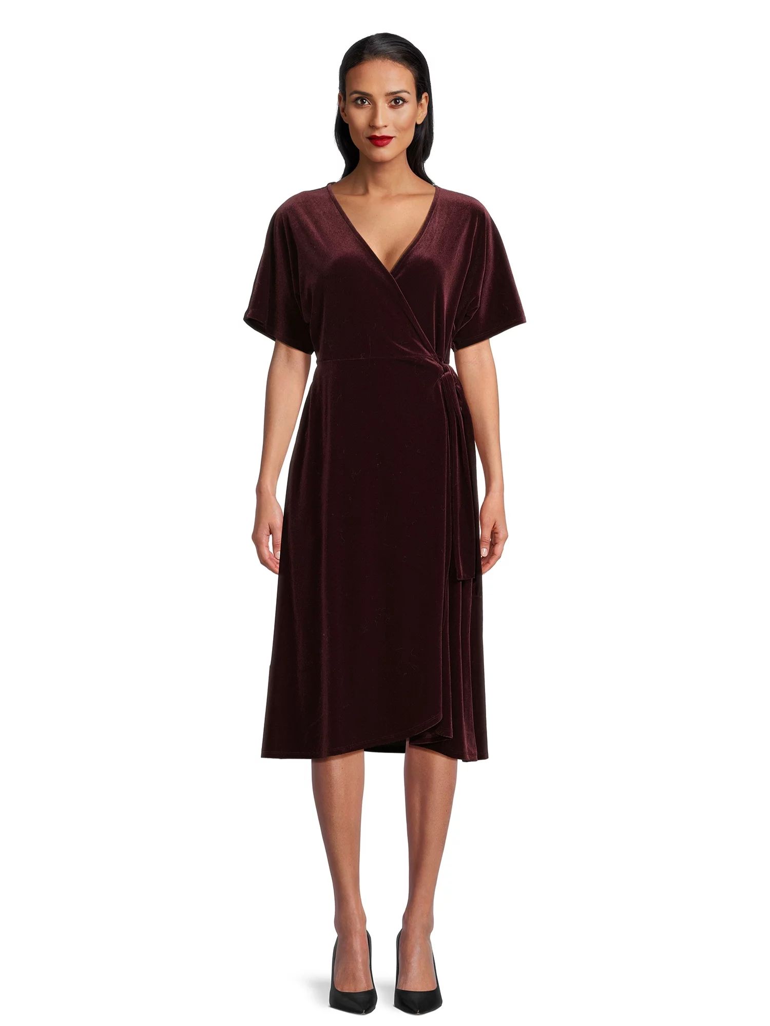 Time and Tru Women's Velvet Wrap Midi Dress with Short Sleeves, Sizes XS-XXXL | Walmart (US)