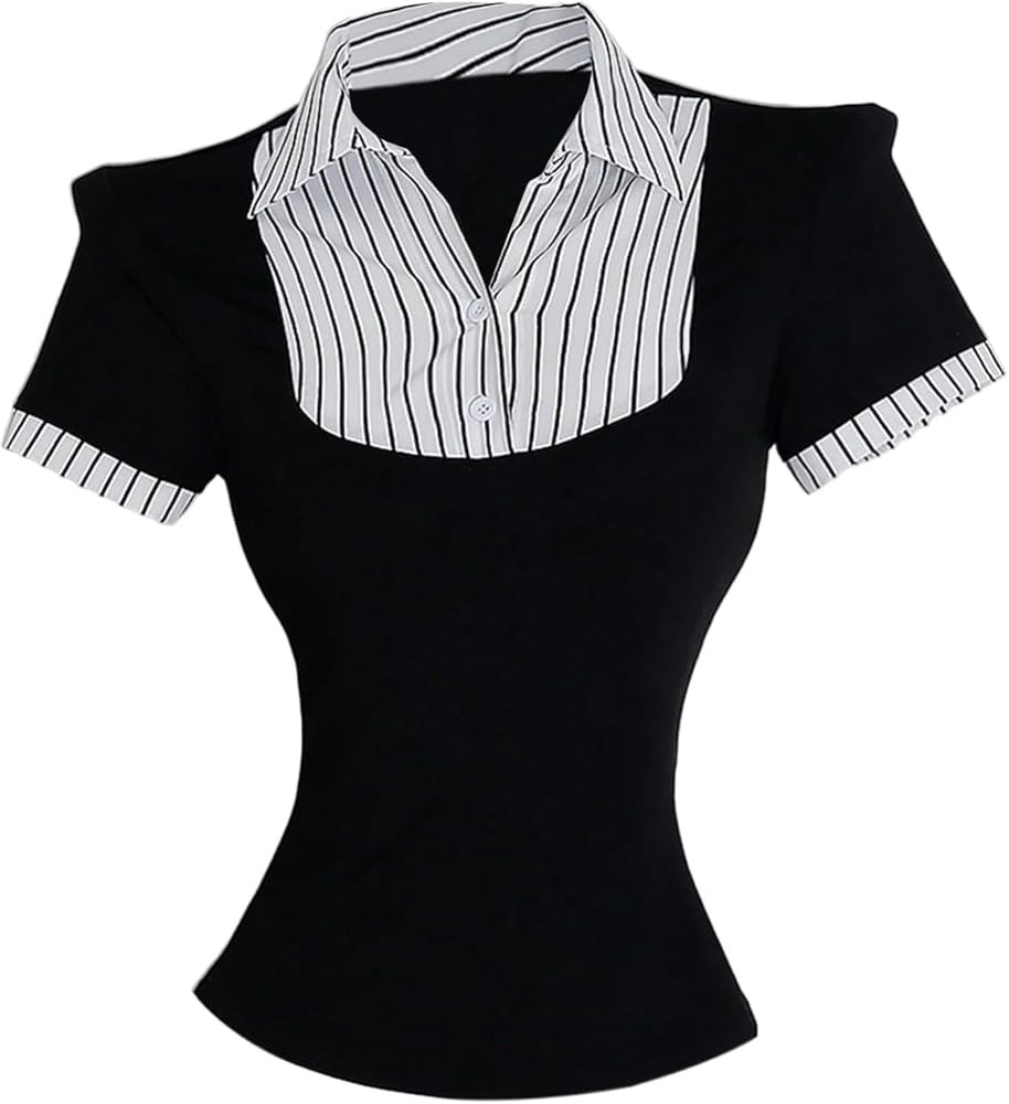 MakeMeChic Women's Summer Striped Blouse Short Sleeve 2 in 1 Collared Shirt Work Tops | Amazon (US)