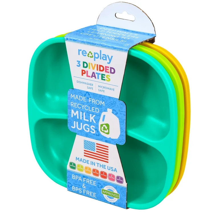 Re-Play Recycled Plastic 3 Pack Plastic Divided Plates - Aqua, Lime Green, Sunny Yellow | Walmart (US)