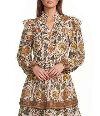 Floral Printed Ruffle Split V-Neck Long Sleeve Coordinating Blouse | Dillard's