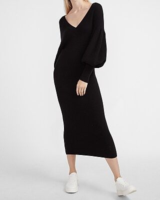 Ribbed Balloon Sleeve Sweater Dress Women's Pitch Black | Express