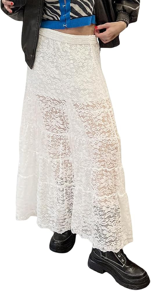 Achlibe Langer Damenrock mit elastischer Taille, floraler Spitze, Y2K, Retro-R\u00fcschen, R\u00f... | Amazon (DE)
