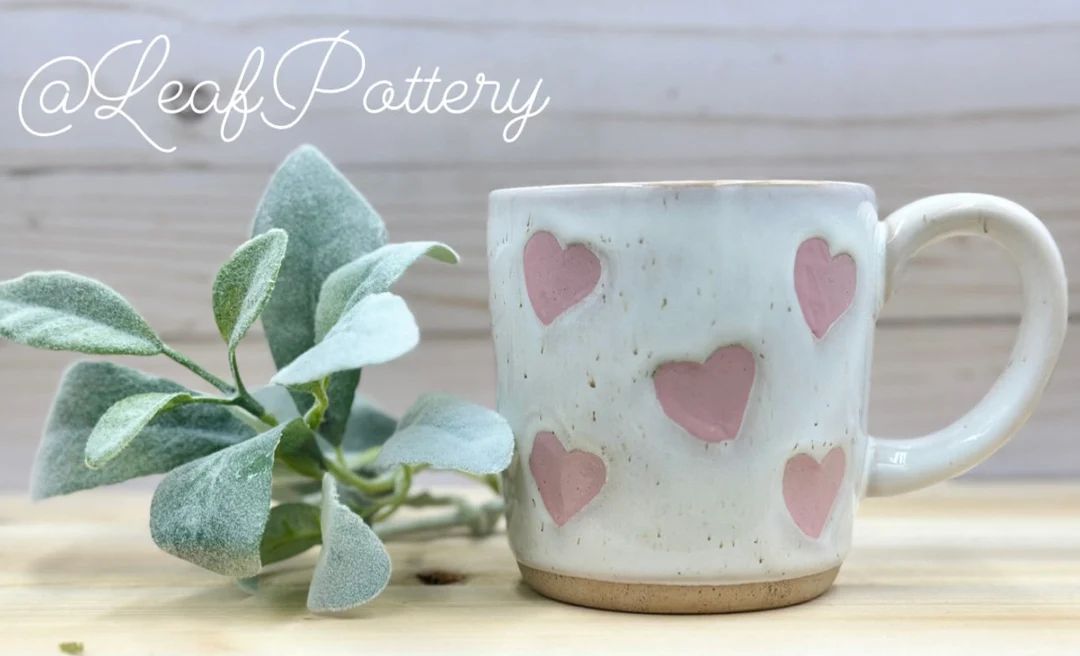 Pink Hearts Hand Painted White Ceramic 18oz Mug/ Birthday Gift/ Gift for Her/ Gift for Him/ Coffe... | Etsy (US)