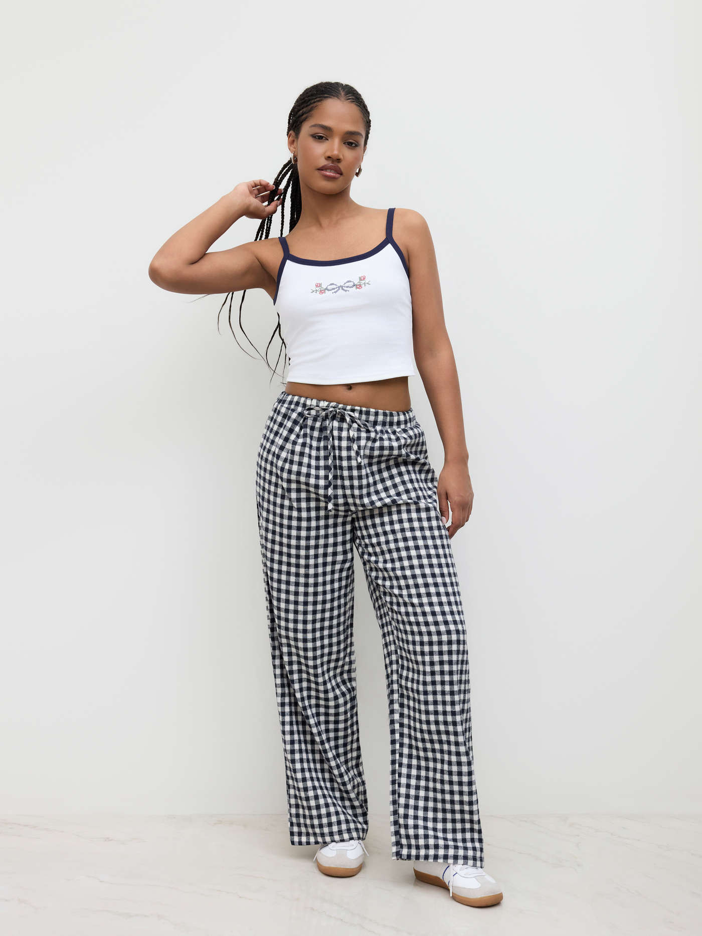 Cotton-blend U-neckline Bowknot Cami Top & High Rise Gingham Wide Leg Trousers Set | Cider