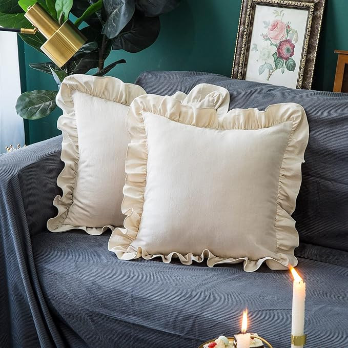 Throw Pillow Covers 2 Pack 100% Cotton Retro Ruffle Flounces Trim Solid Beige Square Decorative P... | Amazon (US)