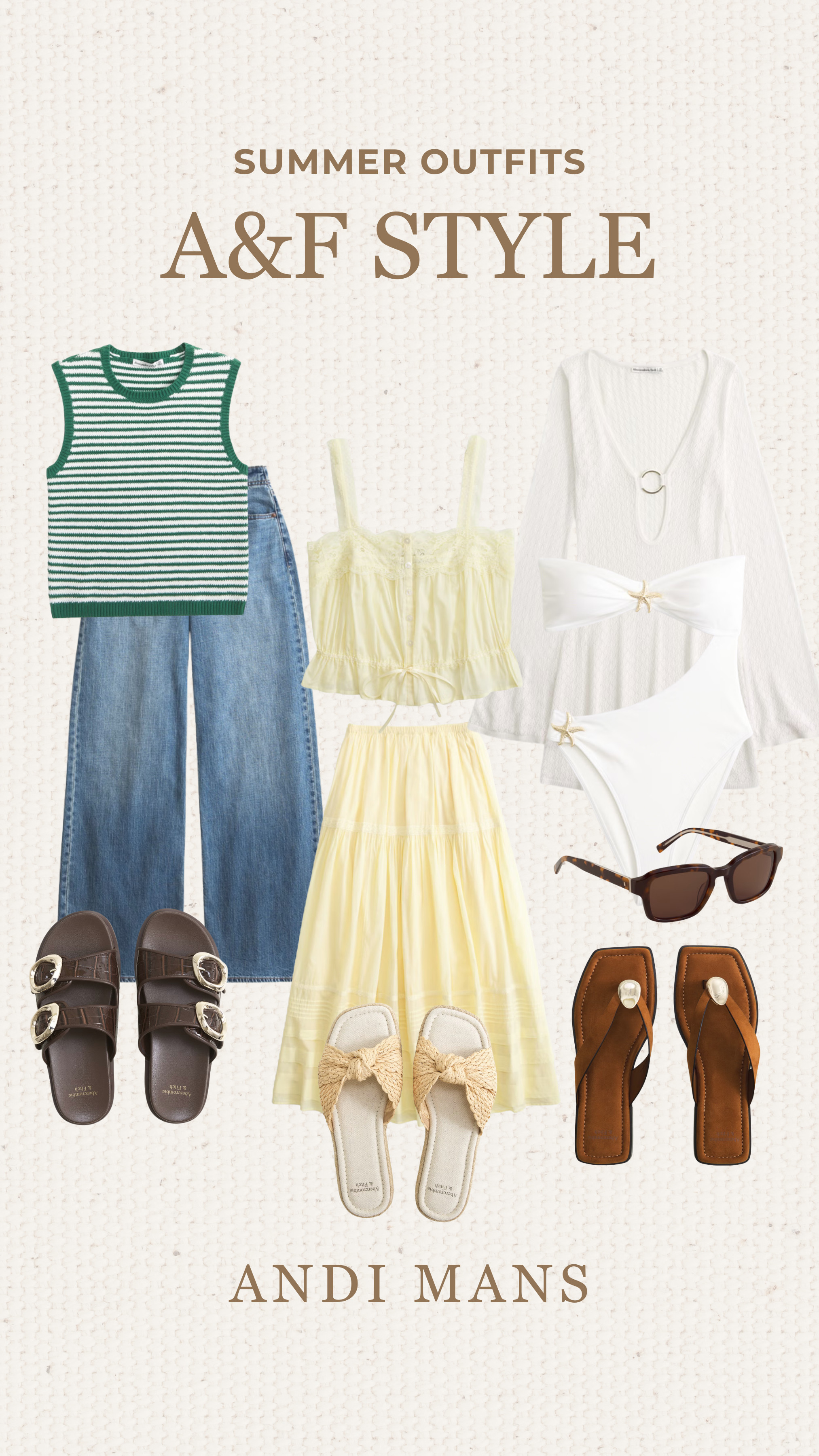 Abercrombie & Fitch Summer outfit ideas. Love these wide leg jeans, a beautiful butter yellow matching set, poolside coverup and one piece bathing suit! 

 #LTKootd #LTKOver40 #LTKSwim