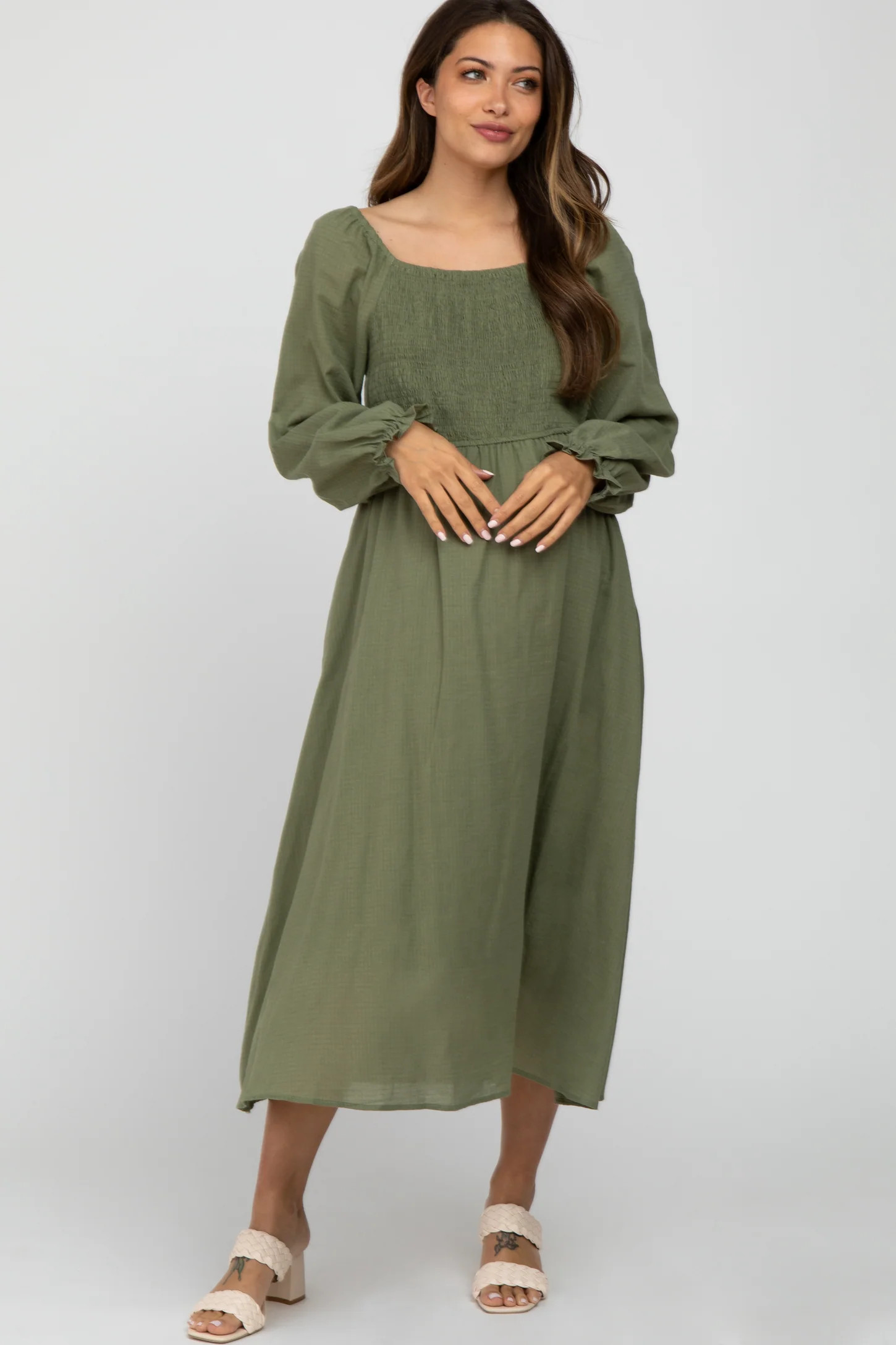 Olive Smocked Maternity Midi Dress | PinkBlush Maternity