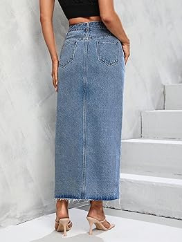 Women's High Waist Stretch Maxi Denim Skirt Front Split Frayed Raw Hem A line Casual Long Jean Sk... | Amazon (US)