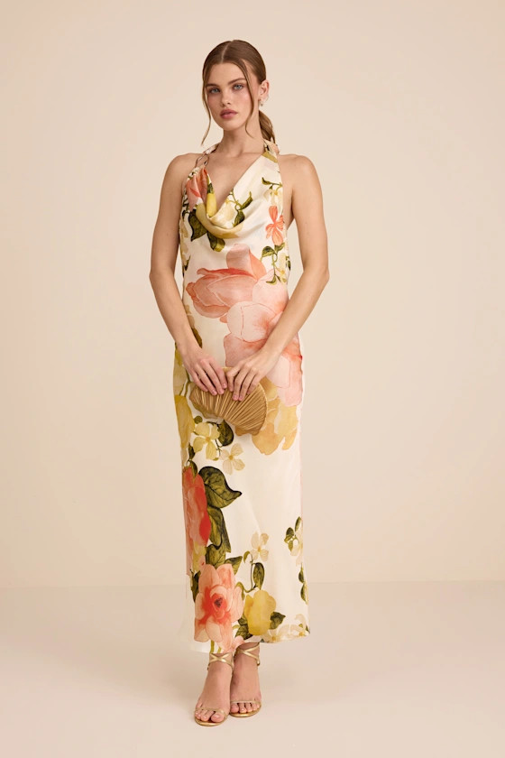 Diane White Multi Floral Cowl Maxi Dress | Summer Wedding Guest Dress Summer | Lulus