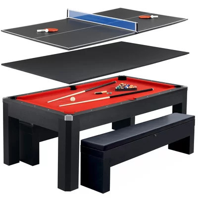 Hathaway Newport Stylish 7 Ft Multi Game Pool Table Combo with Dining Top and Ping Pong – Includes Benches for Home Storage and Accessories | Wayfair North America