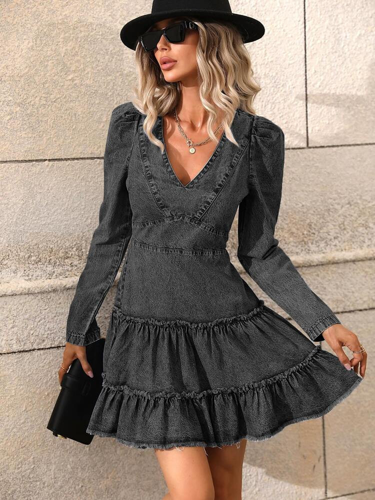 Puff Sleeve Frill Trim Layered Hem Denim Dress | SHEIN