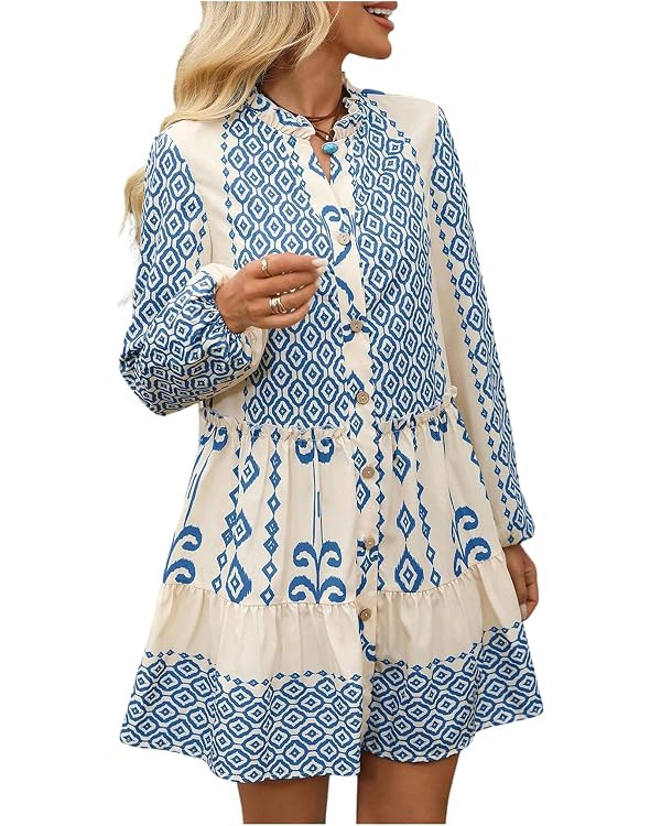 SOLY HUX Women's Summer Printed Smocked Dresses Button Down Long Sleeve Flowy Vacation Mini Dress | Amazon (US)