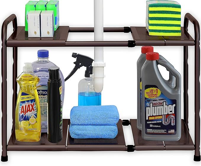 SimpleHouseware Under Sink 2 Tier Expandable Shelf Organizer Rack, Bronze (expand from 15 to 25 i... | Amazon (US)