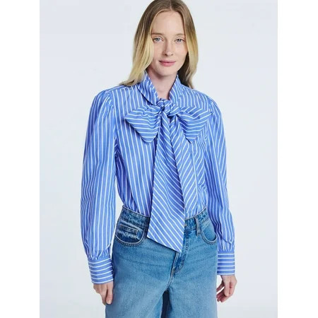 Free Assembly Women's Cotton Tie Neck Blouse with Long Puff Sleeves, Sizes XS-XXL | Walmart (US)