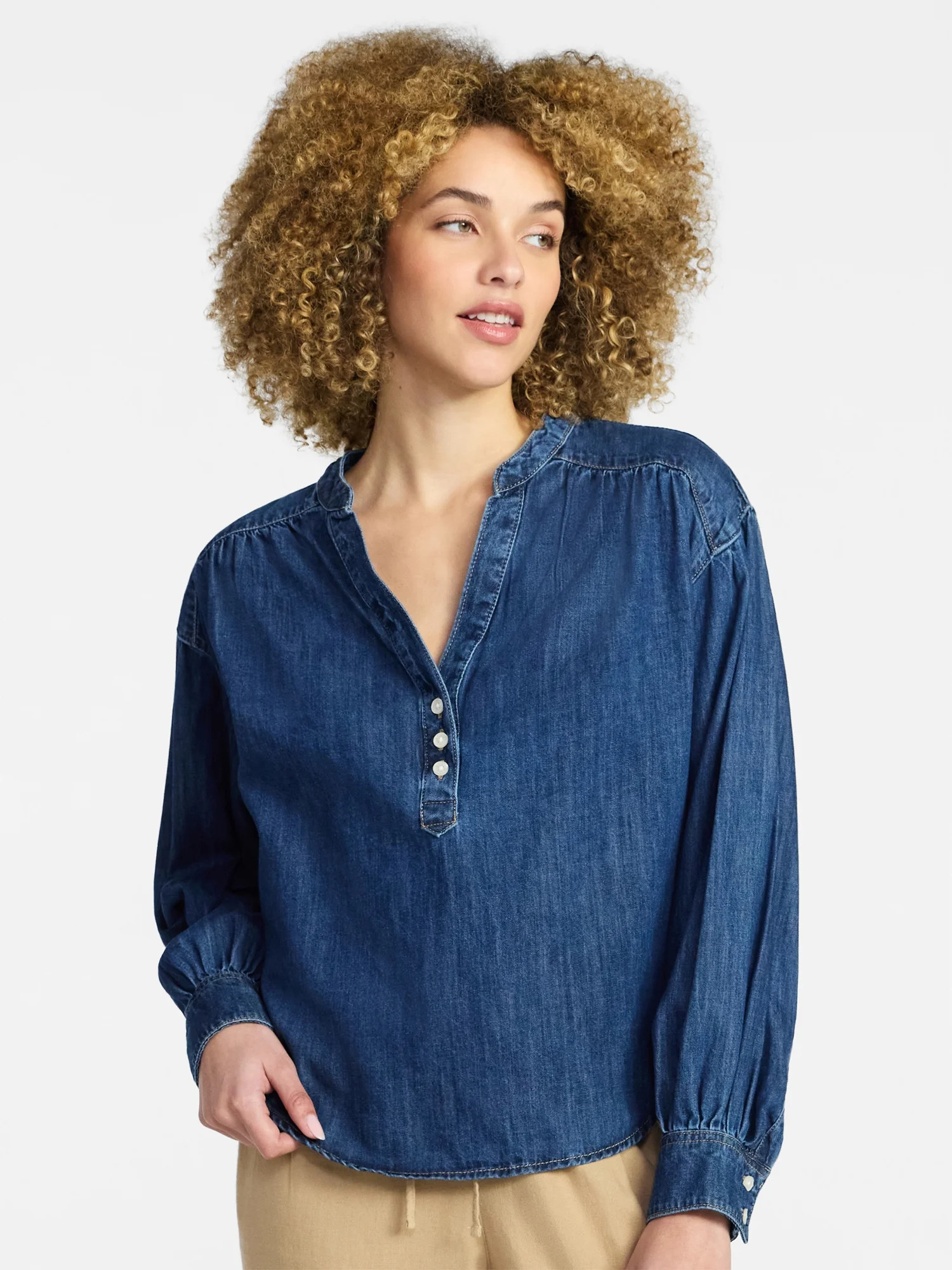 Time and Tru Women's Popover Denim Top with Long Sleeves, Sizes XS-XXXL | Walmart (US)