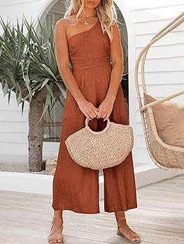 ANRABESS Women's Summer Straps One Shoulder Pleated High Waist Casual Wide Leg Jumpsuit Romper wi... | Amazon (US)