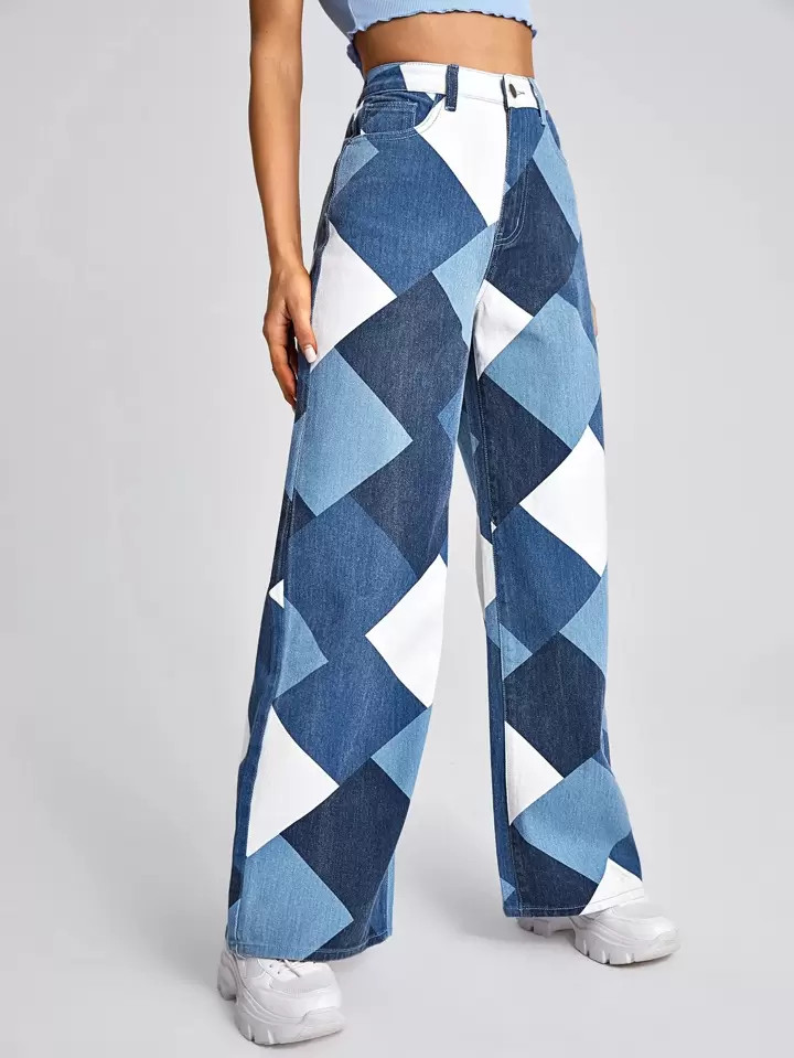 SHEIN EZwear High Waist Argyle Print Wide Leg Jeans | SHEIN