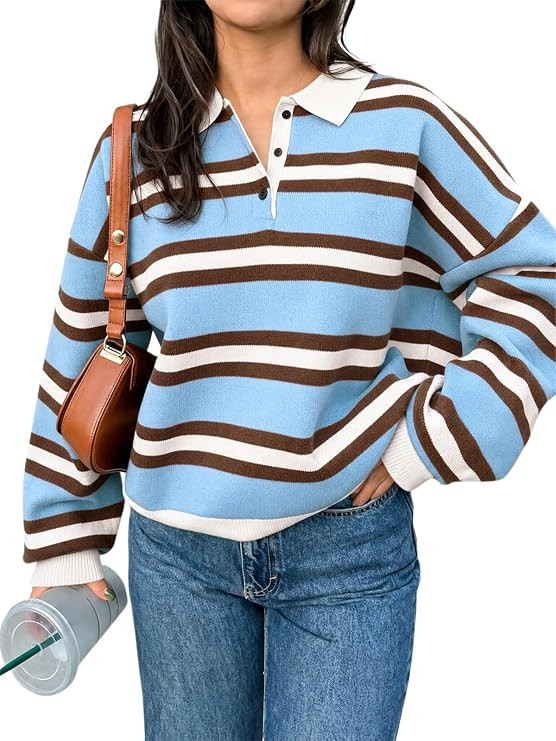 Tankaneo Sweaters for Women Striped Polo Sweater Casual Pullover Knit Tops | Amazon (US)