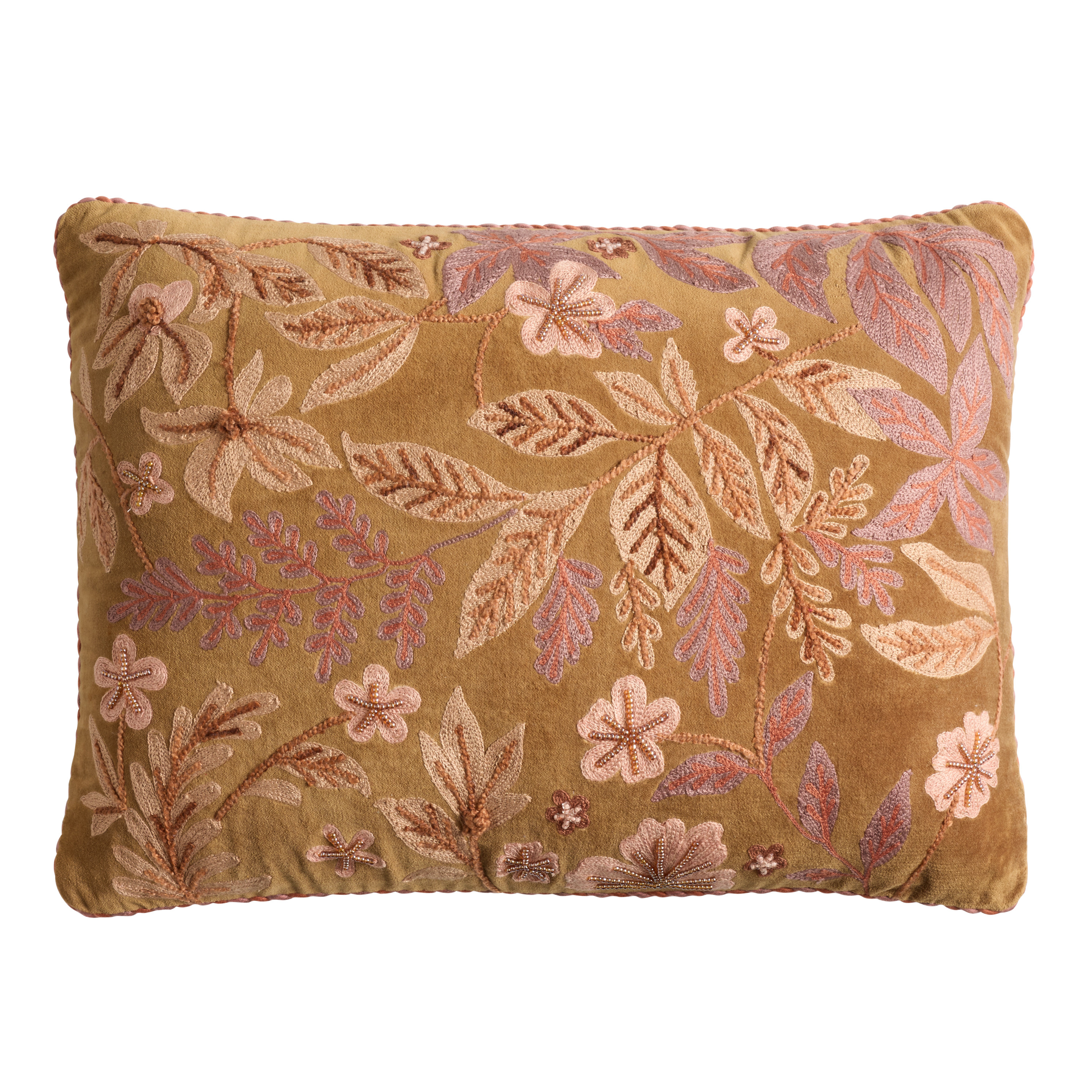 Tan and Peach Velvet Embroidered Leaves Lumbar Pillow | World Market