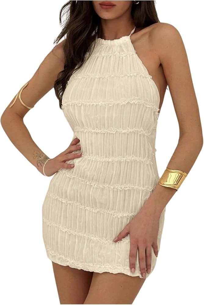 MakeMeChic Women's Halter Mini Dresses Y2k Backless Summer Ruched Cocktail Dress | Amazon (US)