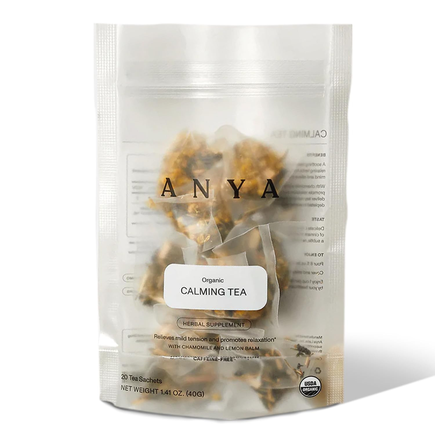 ANYA Calming tea, 20ct - Chamomile, Lemon Balm, Nettle leaf, Breastfeeding Safe, 100% Organic, Non-GMO, Gluten free, Biodegradable. Essential nutrients for Postpartum Moms | Amazon (US)