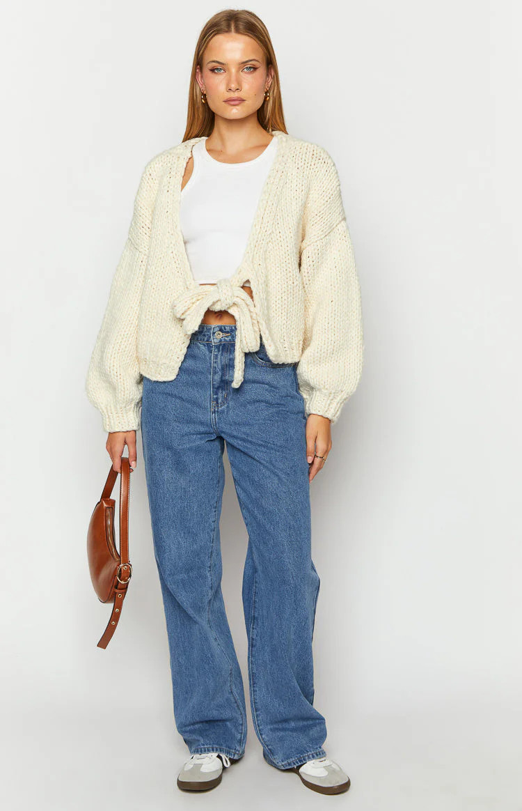 Holiday Cream Tie Up Knit Cardigan | Beginning Boutique (US)