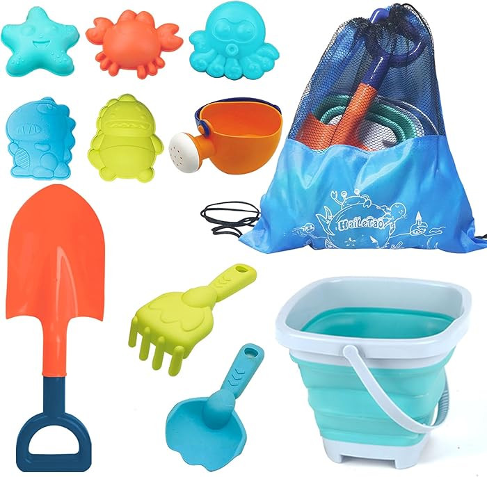 Beach Toys Set for Kids -Collapsible Sand Bucket&Mesh Beach Bag and Shovels Sand Rake Toy 11Pcs S... | Amazon (US)