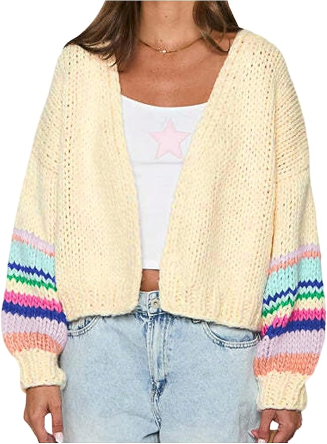 RoseSeek Women's Colorful Striped Cardigan Open Front Knit Sweater Fall Y2k Tops | Amazon (US)