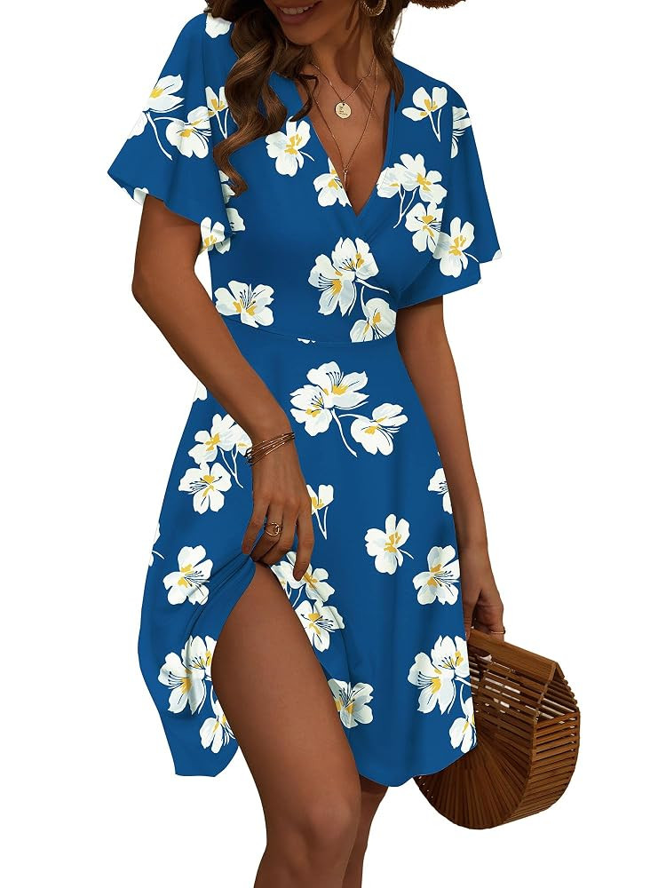 FENSACE Womens Sundress Summer Floral Short Sleeve Wrap V Neck A-Line Midi Dress | Amazon (US)