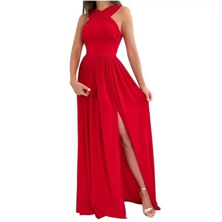 LWZWM Boho Dress for Women Y2k Dress Solid Slimming Backless Halter Neck Hem Split Dresses Guest Dre | Walmart (US)