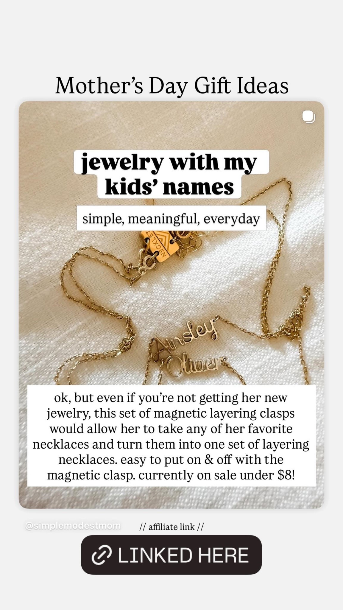 Mother’s Day Gift Ideas 

ok, but even if you’re not getting her new jewelry, this set of magnetic layering clasps would allow her to take any of her favorite necklaces and turn them into one set of layering necklaces. easy to put on & off with the magnetic clasp. currently on sale under $8!

#LTKMothersDay #LTKmomlife #LTKSaleAlert