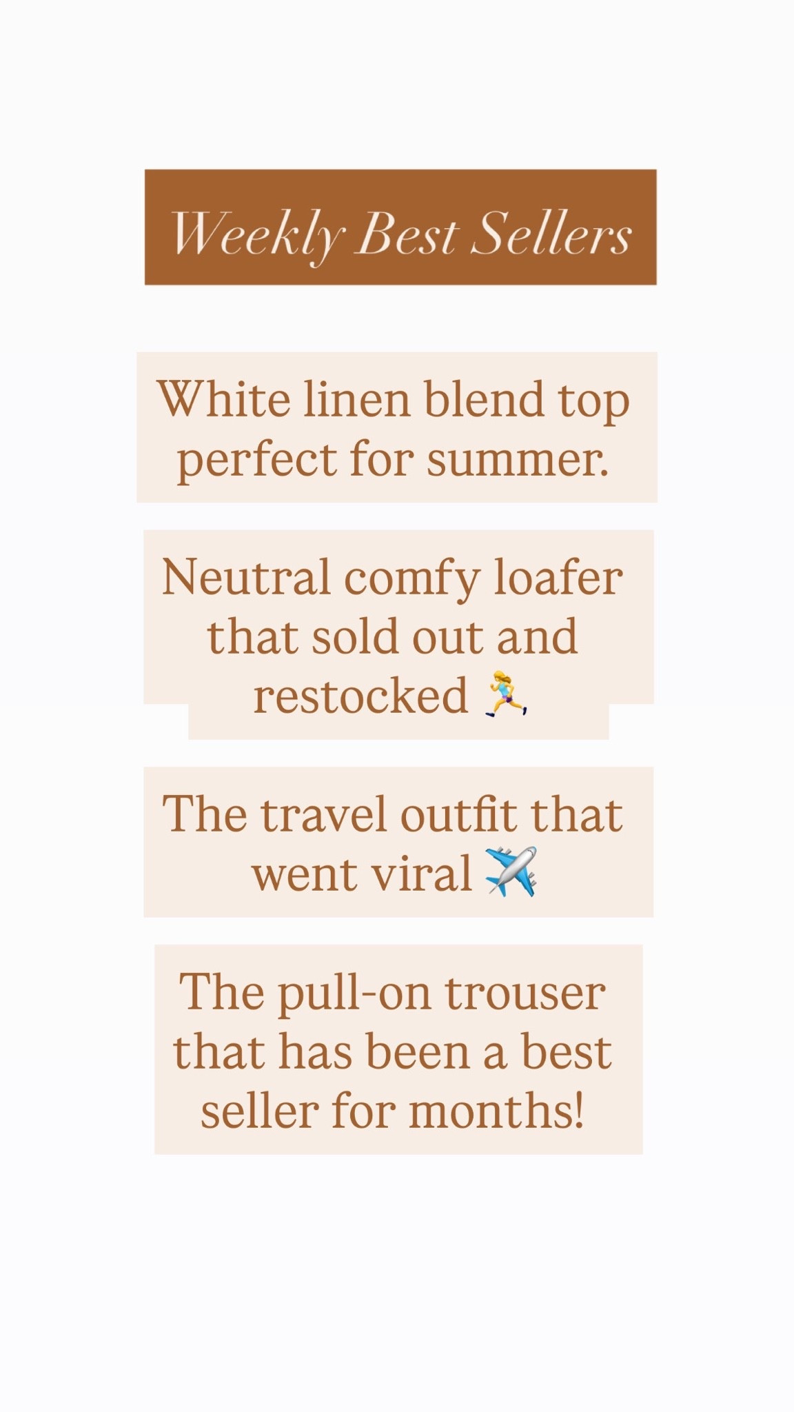 Weekly best sellers 

Travel outfit 
Loafers 
White Linen top 
Trousers

#LTKTravel #LTKmomlife #LTKOver40