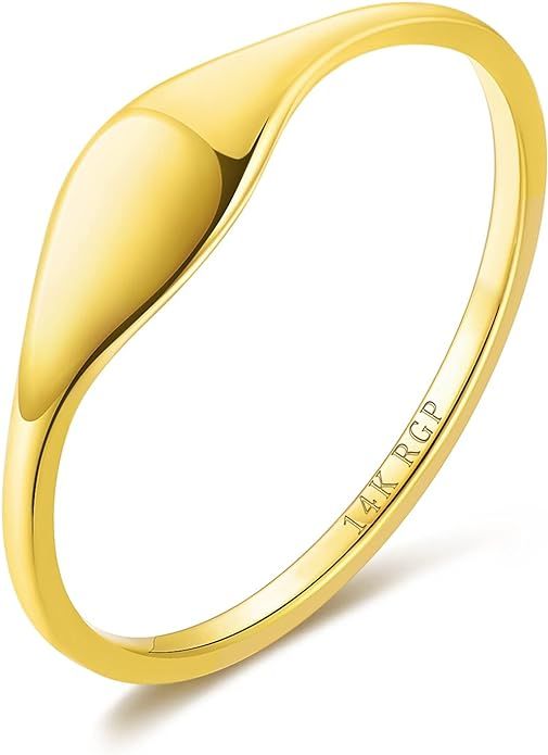 Kainier 14K Gold Plated Signet Rings Stackable Plain Slim Oval-shaped Thin Pinky Band for Women G... | Amazon (US)