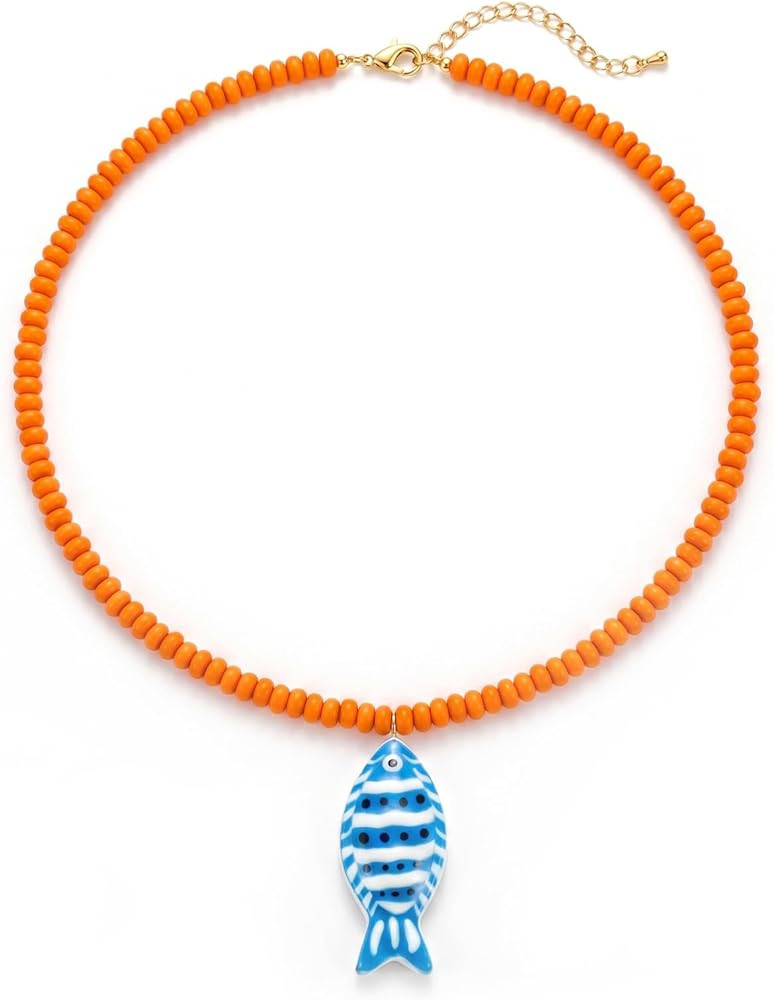 Chunky Beaded Fish Necklace for Women Boho Fish Pendant Necklace Colorful Resin Beaded Necklaces ... | Amazon (US)